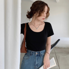 批发40支94棉精梳棉直播品质夏低领正肩T恤u领短袖内搭叠穿露锁骨上衣