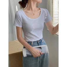 批发40支94棉精梳棉直播品质夏低领正肩T恤u领短袖内搭叠穿露锁骨上衣