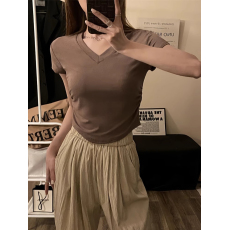 批发40支94棉精梳棉直播品质小个子V领短袖T恤女夏设计感小众短款上衣