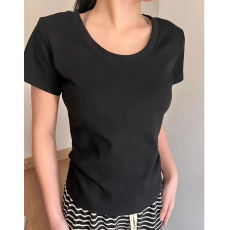 批发40支94棉精梳棉直播品质短袖T恤女U型夏修身正肩设计感上衣纯欲<b class='q'>风</b>