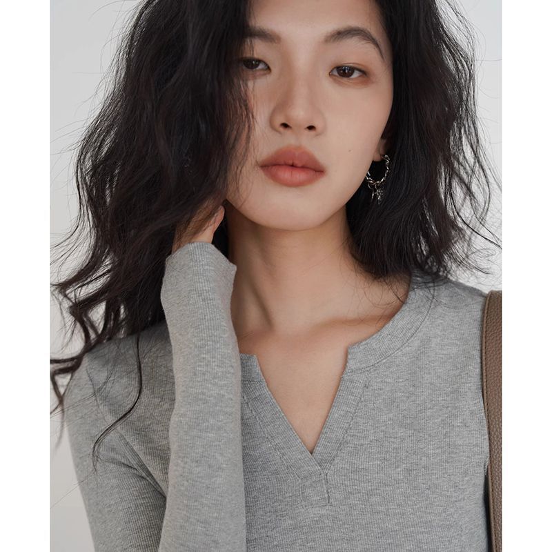 Half-collar long-sleeved slim fit versatile simple casual T-shirt for women spring new inner wear outer top