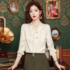 批发新中式v领国风长袖雪纺衬衫女早秋装2025年秋季新款刺绣上衣衬衣