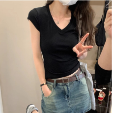 批发40支94棉精梳棉直播品质2024<b class='q'>韩</b>版休闲简约百搭显瘦纯色V领短袖T恤