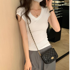 批发40支94棉精梳棉直播品质2024<b class='q'>韩</b>版休闲简约百搭显瘦纯色V领短袖T恤