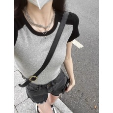 批发短袖T恤女短款上衣搭配韩版chic宽松显瘦阔腿高腰a字毛边热裤