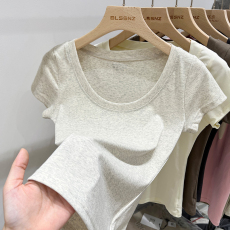 批发40支94棉精梳棉直播品质美式u领短袖t恤女夏设计感小众小个子上衣