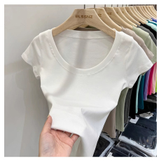 批发40支94棉精梳棉直播品质美式u领短袖t恤女夏设计感小众小个子上衣