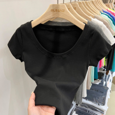 批发40支94棉精梳棉直播品质美式u领短袖t恤女夏设计感小众小个子上衣