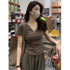 批发40支94棉精梳棉直播品质v领短袖t恤女2024设计感小众显瘦短款上衣