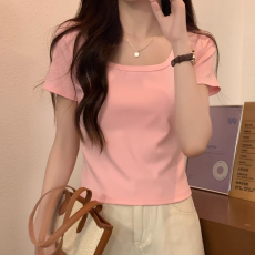 批发40支94棉精梳棉直播品质<b class='q'>韩</b>版方领露锁骨短袖t恤女新款小个子上衣