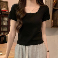 批发40支94棉精梳棉直播品质<b class='q'>韩</b>版方领露锁骨短袖t恤女新款小个子上衣