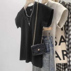 批发40支94棉精梳棉直播品质美式u领短袖t恤女夏设计感小众小个子上衣