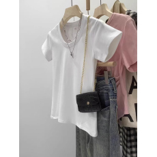 批发40支94棉精梳棉直播品质美式u领短袖t恤女夏设计感小众小个子上衣