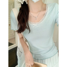 批发官图纯欲甜辣妹蕾丝bm<b class='q'>短袖</b>T恤女夏季打底衫修身内搭短款绝美上衣