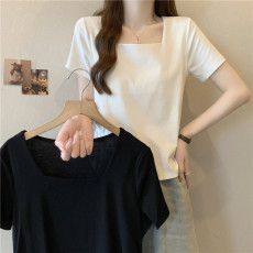 批发春季新款小个子短款方领锁骨白色褶皱<b class='q'>短袖</b>t恤上衣女士