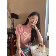 批发蝴蝶结泡泡袖针织衫女夏季新款<b class='q'>韩版</b>修身显瘦粉色短款<b class='q'>毛衣</b>短袖上衣