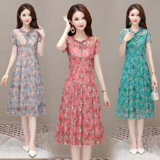 批发实拍有货 2026夏季新款大码连衣裙<b class='q'>妈妈装</b>短袖网纱收腰显瘦过膝