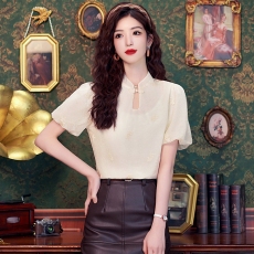 批发新中式国风盘扣短袖雪纺衬衫女士夏季新款2026改良旗袍镂空上衣