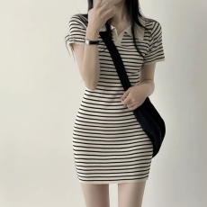 批发已出货 韩国chic收腰显瘦设计感小众T恤裙小个子条纹POLO<b class='q'>连衣裙</b>