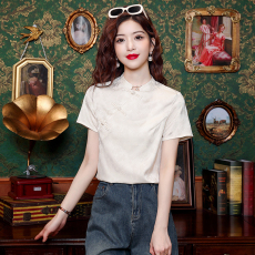 批发实拍新中式复古淑女提花小衫夏季短袖缎面衬衫国风立领盘扣上衣