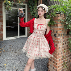 批发南理香富养玫瑰 杏色<b class='q'>田园</b>风小碎花法式蕾丝吊带<b class='q'>连衣裙</b>春夏小外套