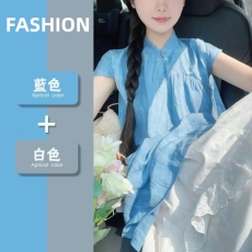 夏季套装女穿搭一整套新款韩版新中式天空蓝旗袍上衣半身裙两件套