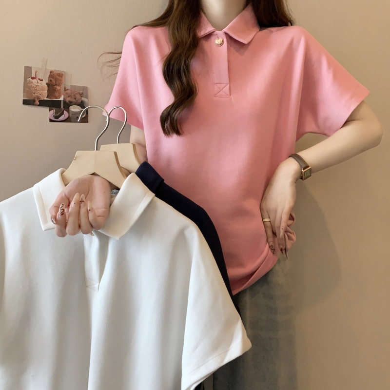 PF4592#短袖T恤女夏2024韩版新款设计感Polo领爱心纽扣纯色百搭...
