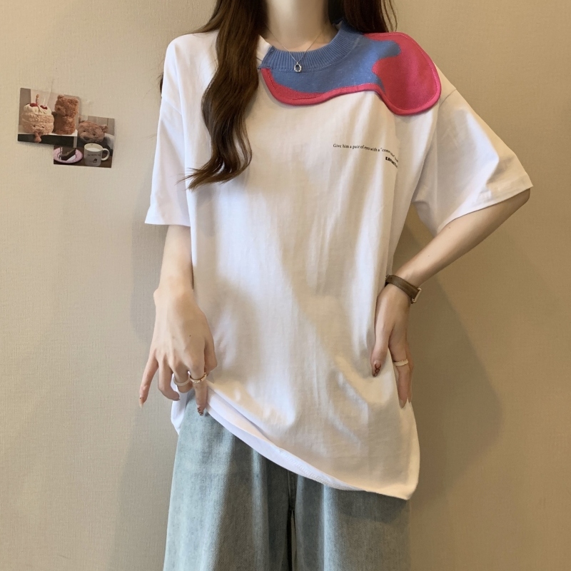 MY2201# 纯棉短袖T恤女夏季韩版新款设计感拼接圆领撞色字母上衣女裝貨源服裝批發