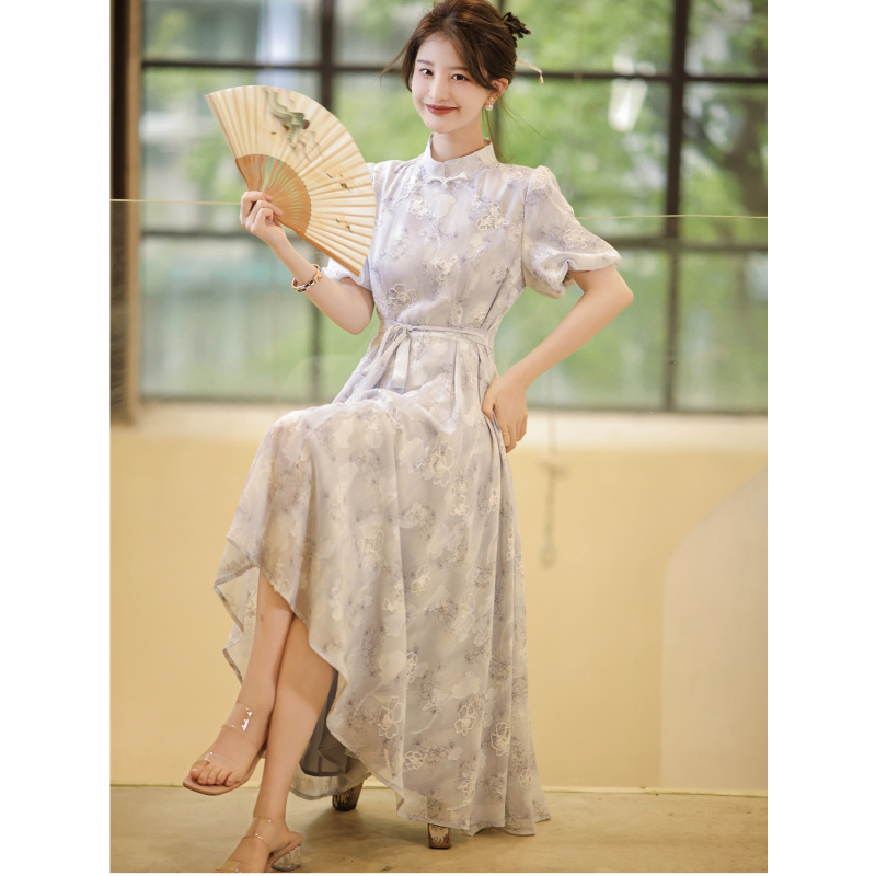 PF6047#新中式旗袍改良年轻款少女连衣裙高级感质感绝美蓝色碎花长款裙子...