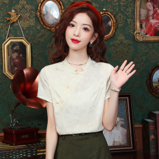 批发新中式国风真丝短袖衬衫女夏季2026新款夏装女士衬衣小衫提花上衣