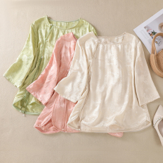 批发2026春夏实拍新中式国风印花缎面圆领小衫茶服宽松衬衫<b class='q'>文艺</b><b class='q'>范</b>