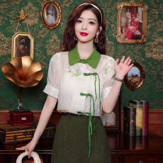 批发已出货 短袖雪纺衬衫<b class='q'>女</b>夏季2026年新款气质新中式国风刺绣上衣