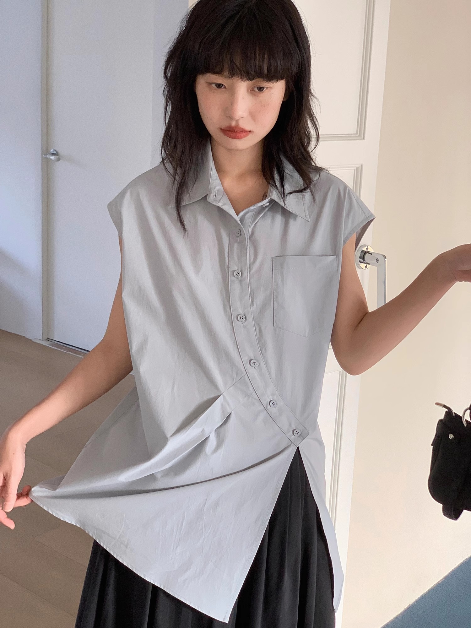 문학 틈새 시장 디자인 슬림 맨위 여자 여름 화이트 고유 한 Chic 민소매 셔츠