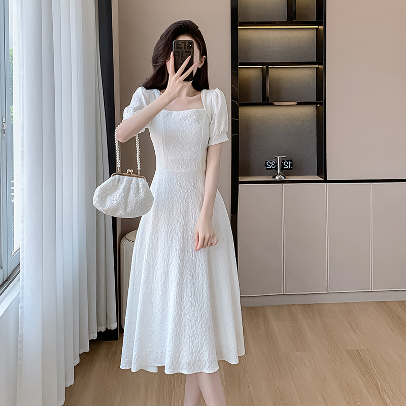 PF7520#茶歇法式初恋长裙女夏季新款气质高级感方领提花连衣裙小个子