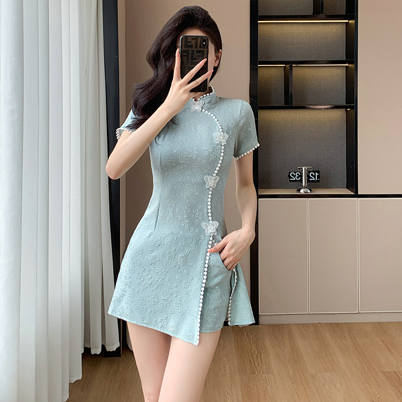 RY847# 实拍夏季提花拼接新中式改良旗袍连衣裙短裤两件套