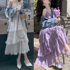 批发 2025新款孕妇装秋装 V领吊带蛋糕裙牛仔外套两件套套装