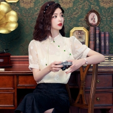 批发新中式提花短袖衬衫女士2026夏装新款设计感国风盘扣雪纺小衫