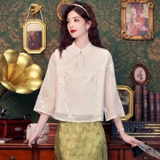 批发26新中式国风重工刺绣古风禅意盘扣上衣女装夏盘扣女改良汉服小衫