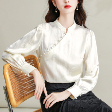 批发实拍新中式衬衫原创国风<b class='q'>女装</b>通勤春秋人丝提花改良斜襟上衣