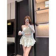 批发实拍甜美减龄小个子洋气三件套针织开衫+<b class='q'>蕾丝</b>花边吊带背心+蓬蓬裙