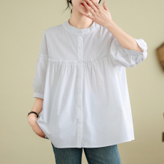 批发实拍夏装新款<b class='q'>大码</b>女装慵懒风泡泡袖衬衫纯棉短袖时尚宽松百搭上衣