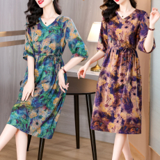 批发时尚<b class='q'>妈妈</b>装蚕丝连衣裙女2026夏装新款气质名媛中年妈妈印花<b class='q'>裙子</b>