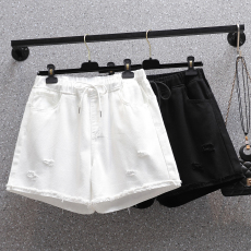 批发实拍夏新款大码黑色破洞牛仔短裤女宽松胖mm高腰热裤阔腿裤