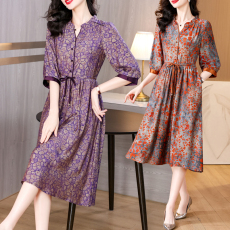 批发香云纱真丝短袖连衣裙女2026夏新款中年<b class='q'>妈妈</b>装桑蚕丝花萝<b class='q'>裙子</b>