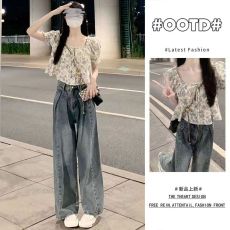 批发夏季新款盐系穿搭轻熟气质高级感甜姐风显瘦质感上衣阔腿裤两件套