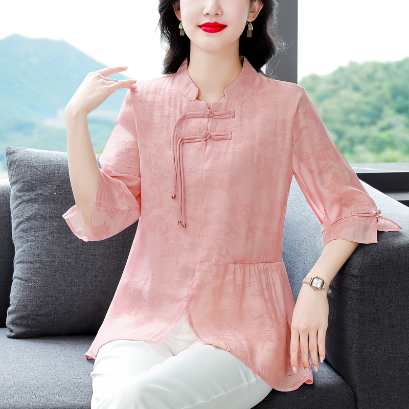 MY5706# 夏季新款天丝棉麻中长款遮肚子新中式立领拼接薄款气质女上衣女裝貨源服裝批發