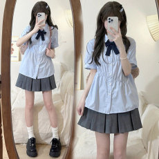 图片已处理 2026年春夏甜妹蓝色短袖衬衫+百褶裙孕妇两件套