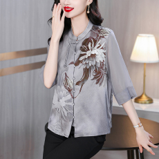 批发高档真丝新中式上衣女国风重磅珍珠缎中老年小衫妈妈装<b class='q'>桑蚕</b>丝衬衫