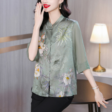 批发高档真丝新中式上衣女国风重磅珍珠缎中老年小衫妈妈装<b class='q'>桑蚕</b>丝衬衫