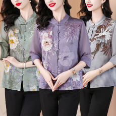 批发高档真丝新中式上衣女国风重磅珍珠缎中老年小衫妈妈装<b class='q'>桑蚕</b>丝衬衫
